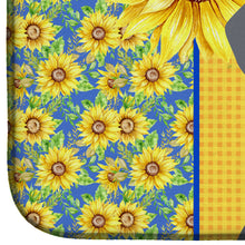 Load image into Gallery viewer, Summer Sunflowers Blue and Tan Dachshund Dish Drying Mat – Absorbent, Artistic Kitchen Essentials