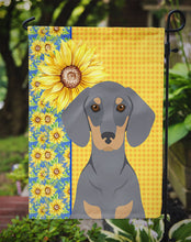 Load image into Gallery viewer, Summer Sunflowers Blue and Tan Dachshund Garden Flag – Decorative Outdoor Yard Flag