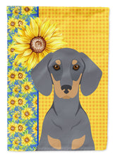 Load image into Gallery viewer, Summer Sunflowers Blue and Tan Dachshund Garden Flag – Decorative Outdoor Yard Flag