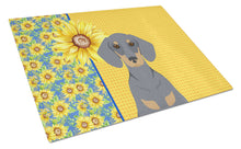 Load image into Gallery viewer, Summer Sunflowers Blue and Tan Dachshund Glass Cutting Boards – Durable, Decorative Kitchen Art Large