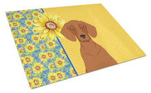 Load image into Gallery viewer, Summer Sunflowers Red Dachshund Glass Cutting Boards – Durable, Decorative Kitchen Art Large
