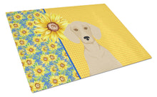 Load image into Gallery viewer, Summer Sunflowers Cream Dachshund Glass Cutting Boards – Durable, Decorative Kitchen Art Large