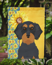 Load image into Gallery viewer, Summer Sunflowers Wirehair Black and Tan Dachshund Garden Flag – Decorative Outdoor Yard Flag