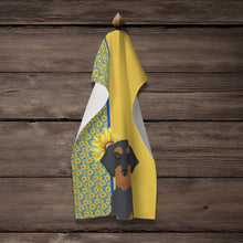 Load image into Gallery viewer, Summer Sunflowers Wirehair Black and Tan Dachshund Kitchen Towel