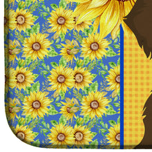 Load image into Gallery viewer, Summer Sunflowers Wirehair Chocolate and Tan Dachshund Dish Drying Mat – Absorbent, Artistic Kitchen Essentials