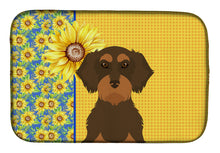 Load image into Gallery viewer, Summer Sunflowers Wirehair Chocolate and Tan Dachshund Dish Drying Mat – Absorbent, Artistic Kitchen Essentials