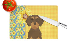 Load image into Gallery viewer, Summer Sunflowers Wirehair Chocolate and Tan Dachshund Glass Cutting Boards – Durable, Decorative Kitchen Art Large