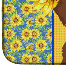 Load image into Gallery viewer, Summer Sunflowers Wirehair Red and Tan Dachshund Dish Drying Mat – Absorbent, Artistic Kitchen Essentials