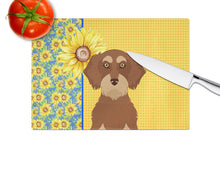 Load image into Gallery viewer, Summer Sunflowers Wirehair Red and Tan Dachshund Glass Cutting Boards – Durable, Decorative Kitchen Art Large