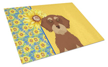 Load image into Gallery viewer, Summer Sunflowers Wirehair Red and Tan Dachshund Glass Cutting Boards – Durable, Decorative Kitchen Art Large