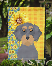 Load image into Gallery viewer, Summer Sunflowers Wirehair Blue and Tan Dachshund Garden Flag – Decorative Outdoor Yard Flag
