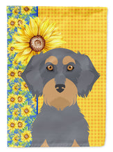 Load image into Gallery viewer, Summer Sunflowers Wirehair Blue and Tan Dachshund Garden Flag – Decorative Outdoor Yard Flag