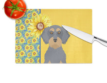 Load image into Gallery viewer, Summer Sunflowers Wirehair Blue and Tan Dachshund Glass Cutting Boards – Durable, Decorative Kitchen Art Large