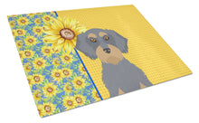 Load image into Gallery viewer, Summer Sunflowers Wirehair Blue and Tan Dachshund Glass Cutting Boards – Durable, Decorative Kitchen Art Large