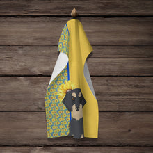 Load image into Gallery viewer, Summer Sunflowers Wirehair Black and Cream Dachshund Kitchen Towel