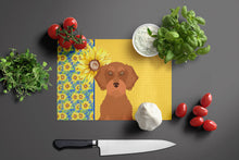 Load image into Gallery viewer, Summer Sunflowers Wirehair Red Dachshund Glass Cutting Boards – Durable, Decorative Kitchen Art Large