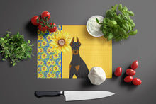 Load image into Gallery viewer, Summer Sunflowers Black and Tan Doberman Pinscher Glass Cutting Boards – Durable, Decorative Kitchen Art Large