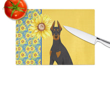 Load image into Gallery viewer, Summer Sunflowers Black and Tan Doberman Pinscher Glass Cutting Boards – Durable, Decorative Kitchen Art Large