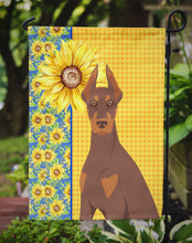 Load image into Gallery viewer, Summer Sunflowers Red and Tan Doberman Pinscher Garden Flag – Decorative Outdoor Yard Flag