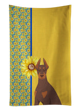 Load image into Gallery viewer, Summer Sunflowers Red and Tan Doberman Pinscher Kitchen Towel