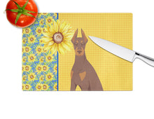 Load image into Gallery viewer, Summer Sunflowers Red and Tan Doberman Pinscher Glass Cutting Boards – Durable, Decorative Kitchen Art Large