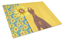 Load image into Gallery viewer, Summer Sunflowers Red and Tan Doberman Pinscher Glass Cutting Boards – Durable, Decorative Kitchen Art Large
