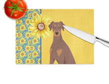 Load image into Gallery viewer, Summer Sunflowers Natural Ear Red and Tan Doberman Pinscher Glass Cutting Boards – Durable, Decorative Kitchen Art Large
