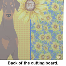 Load image into Gallery viewer, Summer Sunflowers Natural Ear Red and Tan Doberman Pinscher Glass Cutting Boards – Durable, Decorative Kitchen Art Large