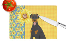 Load image into Gallery viewer, Summer Sunflowers Natural Ear Black and Tan Doberman Pinscher Glass Cutting Boards – Durable, Decorative Kitchen Art Large