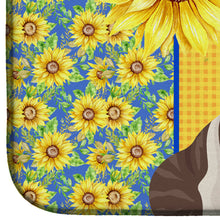 Load image into Gallery viewer, Summer Sunflowers Brindle English Bulldog Dish Drying Mat – Absorbent, Artistic Kitchen Essentials