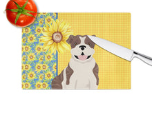 Load image into Gallery viewer, Summer Sunflowers Brindle English Bulldog Glass Cutting Boards – Durable, Decorative Kitchen Art Large