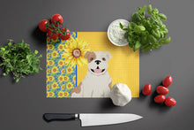 Load image into Gallery viewer, Summer Sunflowers Piebald English Bulldog Glass Cutting Boards – Durable, Decorative Kitchen Art Large