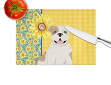 Load image into Gallery viewer, Summer Sunflowers Piebald English Bulldog Glass Cutting Boards – Durable, Decorative Kitchen Art Large