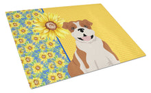 Load image into Gallery viewer, Summer Sunflowers Red English Bulldog Glass Cutting Boards – Durable, Decorative Kitchen Art Large