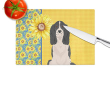 Load image into Gallery viewer, Summer Sunflowers Black English Springer Spaniel Glass Cutting Boards – Durable, Decorative Kitchen Art Large