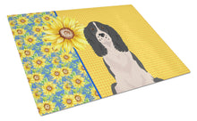 Load image into Gallery viewer, Summer Sunflowers Black English Springer Spaniel Glass Cutting Boards – Durable, Decorative Kitchen Art Large