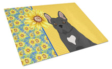 Load image into Gallery viewer, Summer Sunflowers Black French Bulldog Glass Cutting Boards – Durable, Decorative Kitchen Art Large