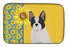 Load image into Gallery viewer, Summer Sunflowers Black and White French Bulldog Dish Drying Mat – Absorbent, Artistic Kitchen Essentials