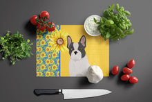 Load image into Gallery viewer, Summer Sunflowers Black and White French Bulldog Glass Cutting Boards – Durable, Decorative Kitchen Art Large