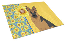 Load image into Gallery viewer, Summer Sunflowers Black and Tan German Shepherd Glass Cutting Boards – Durable, Decorative Kitchen Art Large