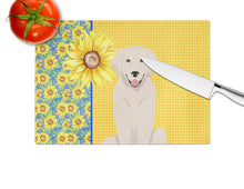 Load image into Gallery viewer, Summer Sunflowers Cream Golden Retriever Glass Cutting Boards – Durable, Decorative Kitchen Art Large