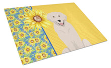 Load image into Gallery viewer, Summer Sunflowers Cream Golden Retriever Glass Cutting Boards – Durable, Decorative Kitchen Art Large