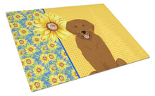 Load image into Gallery viewer, Summer Sunflowers Mahogany Golden Retriever Glass Cutting Boards – Durable, Decorative Kitchen Art Large