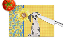 Load image into Gallery viewer, Summer Sunflowers Harlequin Great Dane Glass Cutting Boards – Durable, Decorative Kitchen Art Large