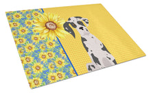 Load image into Gallery viewer, Summer Sunflowers Harlequin Great Dane Glass Cutting Boards – Durable, Decorative Kitchen Art Large