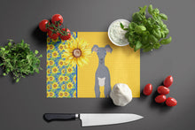 Load image into Gallery viewer, Summer Sunflowers Gray Italian Greyhound Glass Cutting Boards – Durable, Decorative Kitchen Art Large