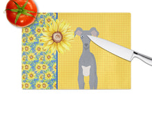 Load image into Gallery viewer, Summer Sunflowers Gray Italian Greyhound Glass Cutting Boards – Durable, Decorative Kitchen Art Large