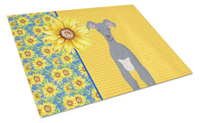 Load image into Gallery viewer, Summer Sunflowers Gray Italian Greyhound Glass Cutting Boards – Durable, Decorative Kitchen Art Large
