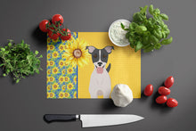 Load image into Gallery viewer, Summer Sunflowers Black White Smooth Jack Russell Terrier Glass Cutting Boards – Durable, Decorative Kitchen Art Large