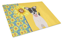 Load image into Gallery viewer, Summer Sunflowers Black White Smooth Jack Russell Terrier Glass Cutting Boards – Durable, Decorative Kitchen Art Large